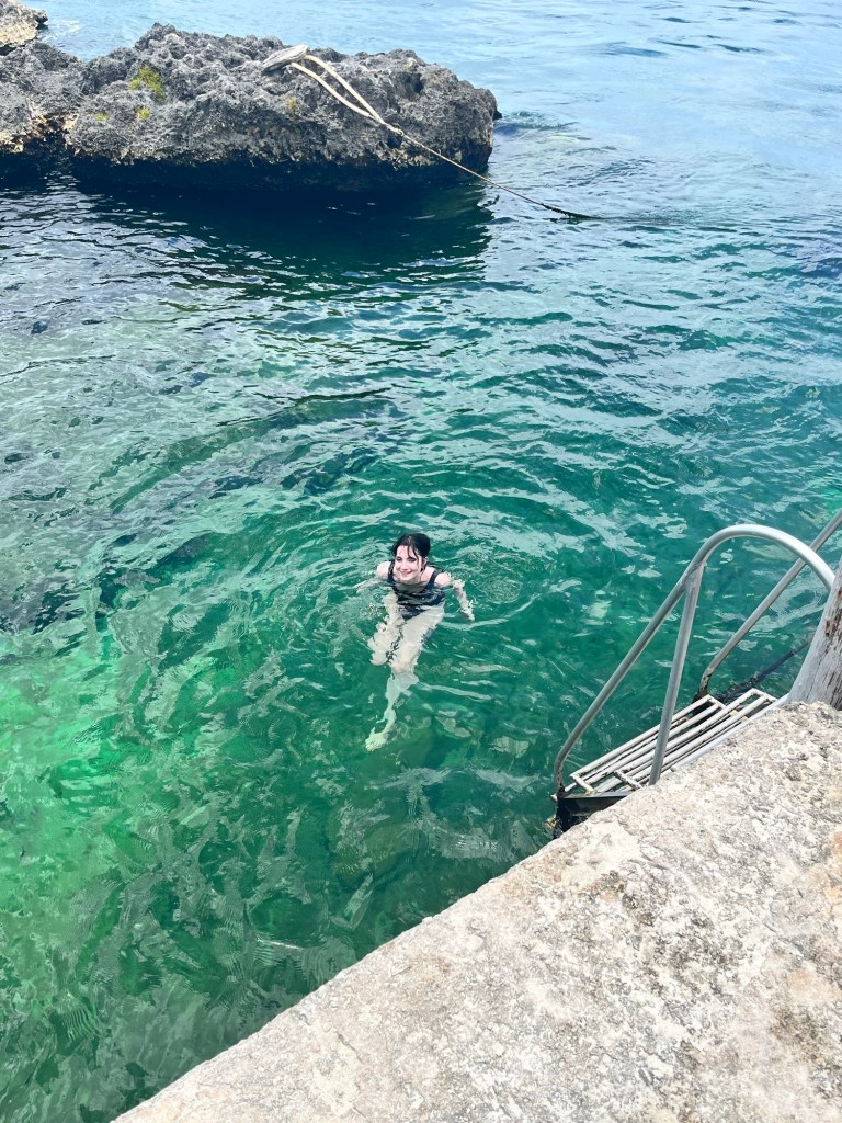 Caribbean blue water, tropical drink, jumping into water 